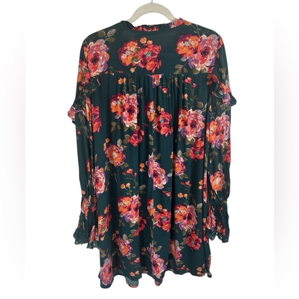 Blu Pepper Green Floral Ruffled Dress Lace Trim Bell Sleeves Womens Sz Large - Picture 5 of 14